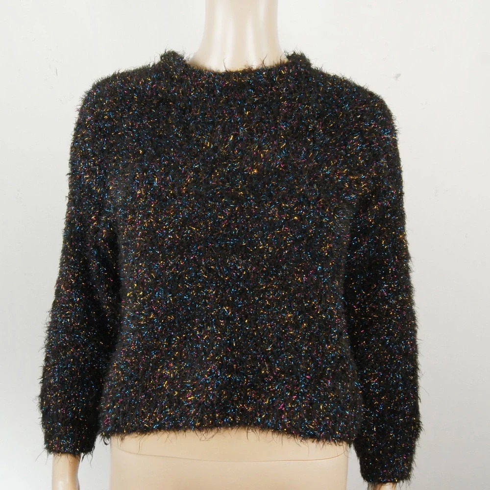 Vintage Metallic Multi Colour Confetti Fuzzy Black  Boucle Knit Sweater 2000s